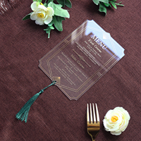 Tarjetas de Menú Personalizables de Acrílico Transparente con Diseño de Borde Art Deco y Borla para Eventos de Catering de Bodas Elegantes