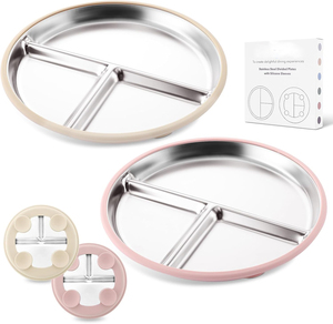 Nouvelle Assiette Bébé en Acier Inoxydable 2026, Grande Vente, avec Ventouse, Assiette pour Tout-Petits de 9 Pouces à Compartiments et Manches Amovibles en Silicone pour Enfants - Product Image 1