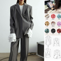 Costume deux pièces sur mesure OEM ODM avec blazer oversize à volants et pantalon large |   Blazer à revers crantés et un seul bouton, fabrication propre