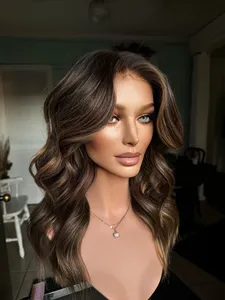 Perruque Lace Front Wig avec doublure en soie pour femmes, cheveux européens de luxe, nœud unique, brun neutre avec caramel subtil - Product Image 2