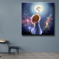 Peinture Diamant 5D DIY Fille Tournant la Tête vers la Lune et les Étoiles, Décoration Murale, Pierres en Résine Carrées Complètes, Artisanat Artistique 3F2154