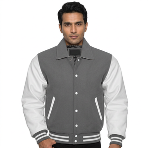 New Men's Pro Baseball Varsity <b>Jacket</b> <b>Grey</b> & White Collared All Sizes Good Quality Top Design Customized <b>Jacket</b> - Product Image 1