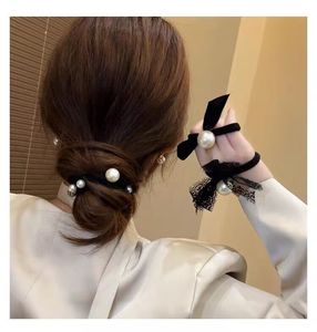 Black big pearl head rope tied ponytail head rope female leather case lace tie hair <b>ring</b> wide and <b>thick</b> - Product Image 3