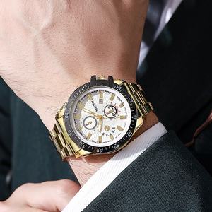 Nuevos <span class=keywords><strong>Relojes</strong></span> de Hombre de Moda con Calendario de Tres Ojos, de Cuarzo, de Aleación, de 40.5mm, Venta al por Mayor, Esfera Dorada - Product Image 3