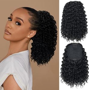 Queue de cheval synthétique <span class=keywords><strong>afro</strong></span> en fibre haute température, longue, raide et bouclée, extension de perruque à enrouler, 12 pouces, noire, élastique, pour femmes, vente en gros - Product Image 2