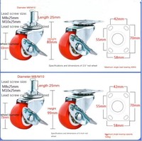 Roulettes pivotantes en PVC de 1,5, 2 et 2,5 pouces avec tige filetée et plaque supérieure, roulettes de chariot et roulettes légères pour meubles