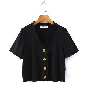 Blusa Corta de Manga Corta con Cuello en V para Mujer, Talla Grande, Color Sólido, Poliéster, para Uso Diario, Moda Femenina - Product Image 3