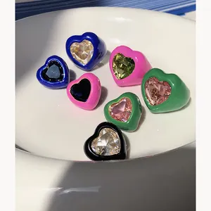INS Hot Multi Colors Wide Chunky Love Heart Enamel Ring Exaggerated Shiny Diamond Rings Cute Colorful Statement Jewelry 2021 New