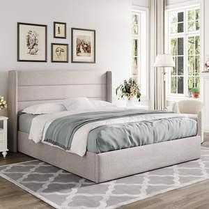 Modern Simple <strong>Beauty</strong> Wingback Headboard Light Beige Full Size Lift up Storage <strong>Bed</strong> with No Box Spring Needed Hydraulic Storage - Product Image 3