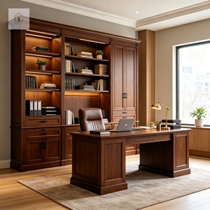 XINGRUO Bibliothèque Moderne Classique, Étagère sur Mesure avec Bureau, Grain de Bois Teinté Acajou, Ensemble de Bureau de Luxe Personnalisé - Product Image 2