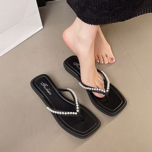 Sandales plates légères d'été pour augmenter la taille, intérieur/extérieur, avec perles brillantes, en toile et PVC, pour femmes - Product Image 4