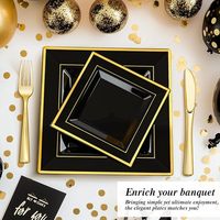 125 pièces de vaisselle carrée noire et or de luxe avec bord doré, ensemble de sous-assiettes en plastique premium, assiettes jetables pour mariage