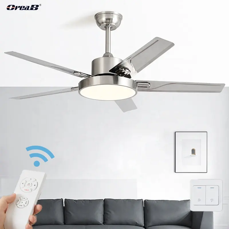 Ceiling Fan With Light 42 52 56 60 In Large Wind Stainless Steel Frequency Conversion Ceil Fan Light For Restaurant Living Room