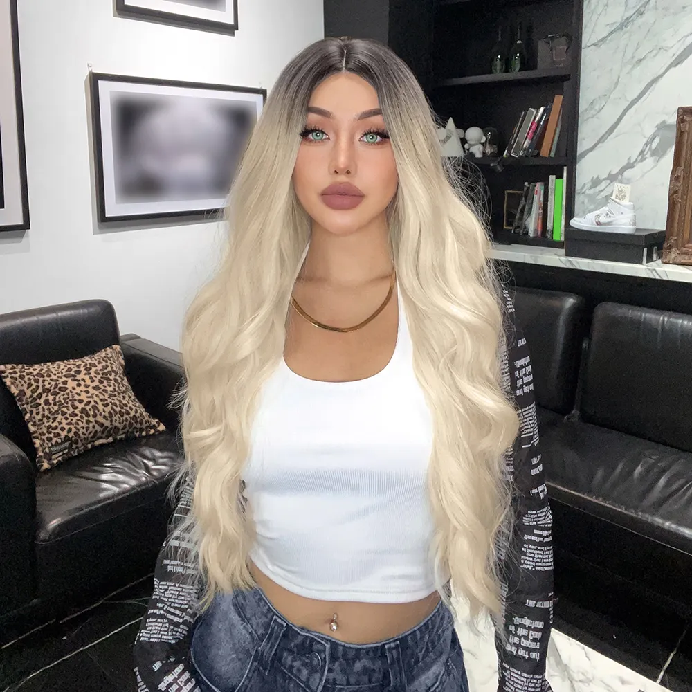 Ainizi 26 inches high quality wholesale platinum with highlights body wave without bangs synthetic hair wig for white women