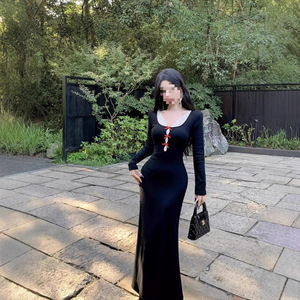 French Style Sexy Bodycon Dress Black Square Collar Bow Wrap Long Skirt Evening Wear - Product Image 3