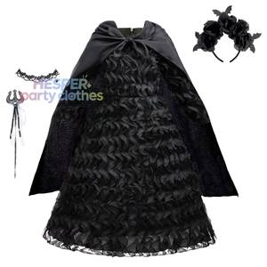 Costume de sorcière noire pour filles HP, robe texturée à volants avec cape en satin, tenue de cosplay pour fête d'Halloween - Product Image 1