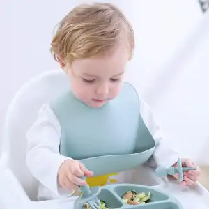 Bpa free food grade soft silicone waterproof leak-proof adjustable anti-dirty kids tableware baby bid
