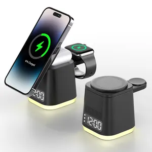 Jinmeiyi QI 15W 6 in 1 야간 조명 마그네틱 접이식 알람 시계 무선 충전기 스테이션 아이폰 IWatch Airpods