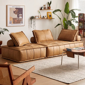 Sofá Modular de Cuero Genuino Estilo Vintage Italiano Minimalista para Sala de Estar de Mediados de Siglo - Product Image 4