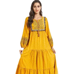 Falda larga con estampado de lunares para mujer, falda larga con bordado de encaje, color amarillo, para vacaciones, talla grande, gran oferta