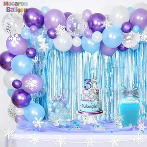 Bevroren Thema Verjaardagsfeestje Decoraties Levert Blauw Paars Sneeuwvlok Ballonnen Blauw Folie Gordijnen Esdoorn Bladeren Sneeuwvlok Y435