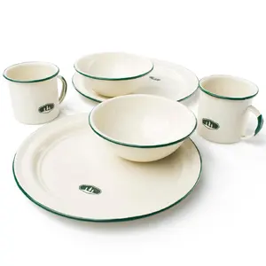 Grosir enamelware set piring dan cangkir kustom logam enamel piring makan untuk api unggun