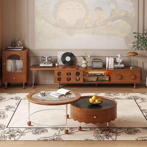 French Retro Solid Wood Double Layer Coffee <b>Table</b> <b>Round</b> Extendable With Storage For <b>Small</b> Living Room - Product Image 2