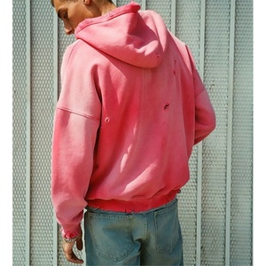 Sudaderas y Hoodies Personalizadas de Algodón Grueso de 450 g/m² con Cierre, Estampado de Mono Pintado, Estilo Grunge Rosa Desgastado para Hombre, OEM - Product Image 1