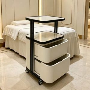 Modern Wood Double Glass Top 4-Wheel Beauty Trolley 2-Drawer Rolling Salon <b>Storage</b> <b>Cart</b> for Facial Lash Spa Clinic - Product Image 4