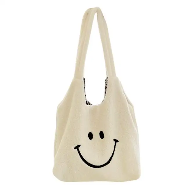 Hot Selling Fashion Simple Cute Tote Crossbody Bag Wholesale Custom Embroidery Smiley Large Capacity Plush Shopping Bag