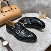 Chaussures Richelieu de luxe pour homme en cuir patiné bleu marine, motif croco, à double boucle, élégantes et confortables pour le bureau