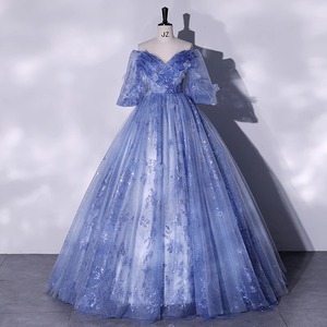 Off The Shoulder Ball Gown Gray Blue Floral Print Empire Waist Long Evening Dress For Women - Product Image 1