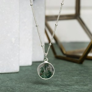 Moss Agate Jewelry Set Sterling Silver Circle Pendant Necklace Matching Dangle <b>Earrings</b> Handmade Gift For Women - Product Image 4