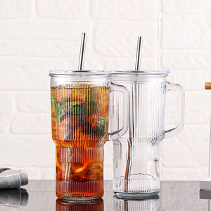 2025 New 1L Ribbed <strong>Glass</strong> Tumbler with Bamboo Lid &amp; Metal Straw, Handle for Home/Office Beverage - Product Image 6