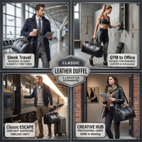 Sac de voyage en cuir noir personnalisé pour homme, grand sac de week-end, sac de nuit avec étiquette de bagage et compartiment à chaussures