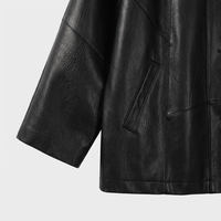 Damen Schwarzer PU-Kunstleder Mantel, Minimalistischer Stil, Reverskragen, Einreihig, Lange Ärmel, Locker Geschnitten, Mittellang, Lässige Oberbekleidung