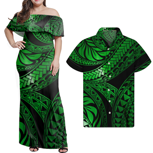 Blauwe Paar Kleding Set Dames Western Paar Kleding Polynesische Tribal Design Vrouwen Off Shoulder Jurken Bijpassende Mannen Shirt - Product Image 3