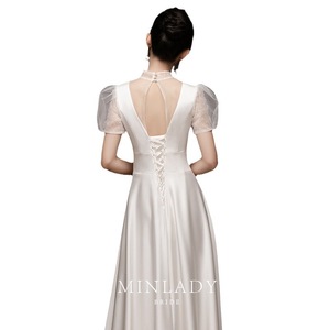 Minlady Bride White Satin Sheath Wedding Dress High Neck Short Sleeve Vintage Style For Brides - Product Image 5