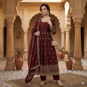 Traje Anarkali Naranja Vibrante para Mujer, Vestido Largo con Bordado Intenso, Ropa Étnica India, Dupatta, Tradicional Pakistaní, Secado Rápido para Verano - Product Image 1