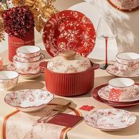 Service de table YanJun en porcelaine fine à motifs floraux rouges, vaisselle vintage, compatible lave-vaisselle/micro-ondes/four pour usage domestique