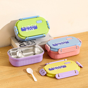 Stainless Steel Lunch <b>Box</b> With Snap <b>Lock</b> Compartments Rectangle Plastic Lid For Students And Adults - Product Image 4