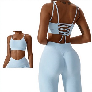 Soutien-gorge de sport bleu clair avec dos lacé, maintien élevé, haut de sport pour femme, soutien-gorge de fitness sans coutures - Product Image 3