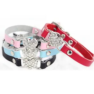 Luxo Rhinestone Coração Simples Bling Branco XXS Dog Collar Hardware Pequeno Pet PU Collar