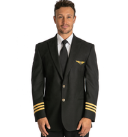 Uniforme de pilote de vol, veste et pantalon noirs en polyester et viscose de haute qualité, design à simple boutonnage, sur mesure