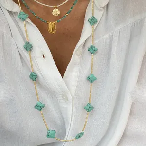 Turquoise kéo dài vòng cổ cho phụ nữ Bohemian đen đá vàng hạt gạo Vòng cổ thời trang áo len chuỗi trang sức