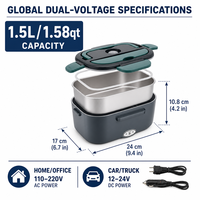 Ensemble de chauffe-plats électrique en acier inoxydable Boîte à lunch intelligente portable de 1,5 L avec chauffage électronique pour le bureau, l'extérieur et la voiture