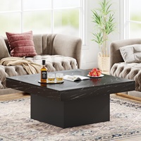 Table basse moderne convertible carrée en bois d'ingénierie avec LED pour salon (Faux marbre noir + noir)