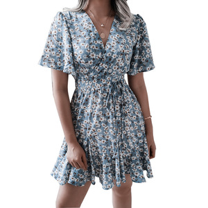 Vestido de Verano para Mujer, Estampado Floral, Cuello en V, Hombros Descubiertos, Manga Corta, Corte en A, Cintura Elástica, Estilo Vintage, para Uso Diario - Product Image 2