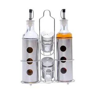 Tabletop Oil Dispenser Vinegar Glass Cruet Bottle Set With Rack