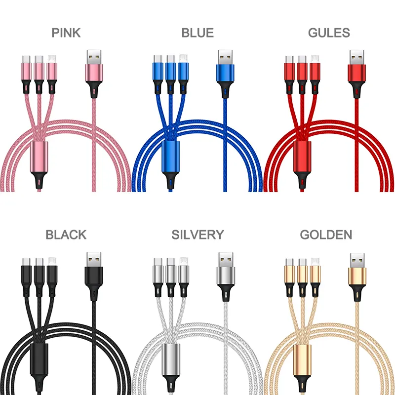 Customized logo 1.2 meter nylon braided 3 in 1 usb charging cable for Phone mobile phone charger gift customize